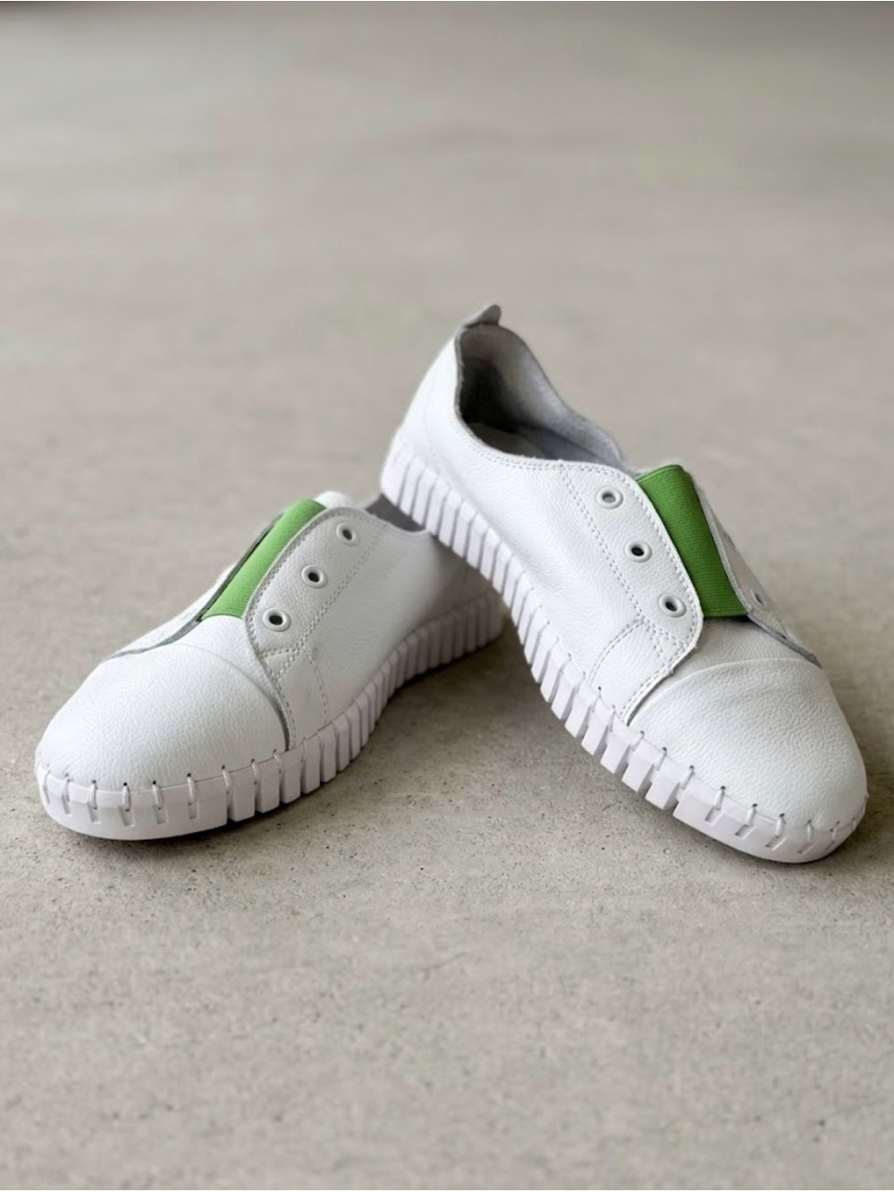 bernie mev. White Leather Slip-On Sneakers with Green Elastic Gore